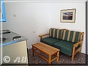 Kleine Wohnküche mit Küchenzeile und Couch